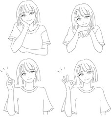 ジェスチャーがかわいい女の子の線画イラストセット01