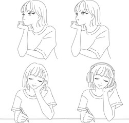 ジェスチャーがかわいい女の子の線画イラストセット01