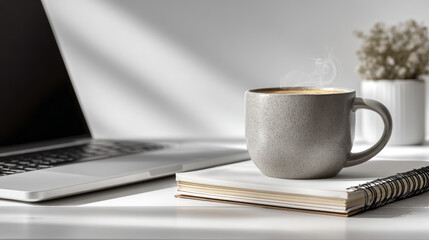 Steaming cup of coffee sits on notebook beside laptop in bright office environment creating calm and productive workspace atmosphere.