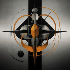 Abstract minimal composition merging Surrealist dream symbols with Swiss typography, all in black, silver, and soft amber tones.

