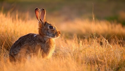 meadow rabbit sitting soft golden grass high resolution hd image