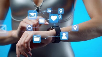 Person Using Smartwatch with Digital Interface and App Icons on Futuristic Background
- Powered by Adobe
