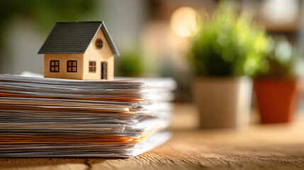 Professional small house model sits on stack of documents symbolizing real estate services and paperwork in warm office setting.