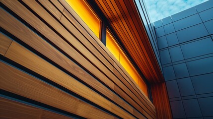 Modern architectural facade with wooden lamellas and warm lighting. A striking contrast between natural textures and sleek urban design