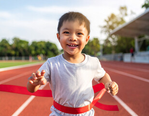 A small happy boy enthusiastically crossing the finish line on an outdoor running track under the sun.