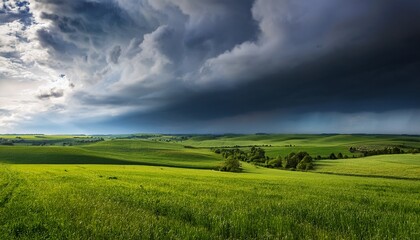 Fototapeta premium dramatic storm clouds over lush green fields in rural landscape