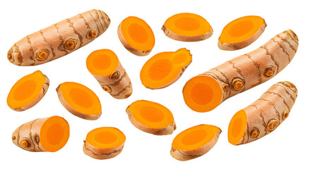 Fresh turmeric root slices and whole pieces isolated on white background