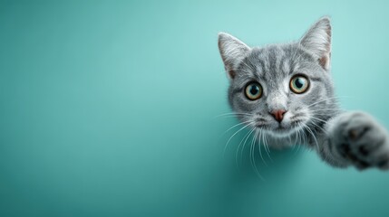 Fototapeta premium Playful Gray Cat Reaching Out with Paw on Turquoise Background