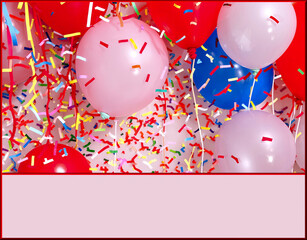 Colorful party air balloons and paper confetti in 3d. Frame on pink background with border. Empty space for message on white greeting card. Postcard or invitation.