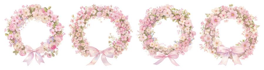 Obraz na płótnie Canvas PNG Elegant floral wreaths with ribbons, element set on transparent background