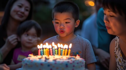 A young boy blowing out candles on his birthday cake