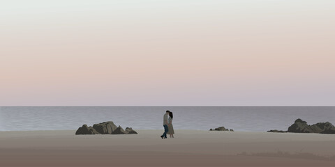 Couple of lover kissing at seashore landscape have vanilla sky background graphic illustration.