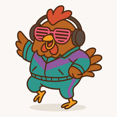 A cheerful cartoon chicken dancing with headphones, wearing pink neon shutter shades and a retro tracksuit in teal and purple, set against a plain white background.