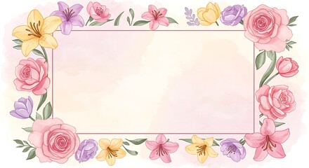 Pastel Watercolor Floral Frame Border Blank Template for Invitations, Cards, and Announcements