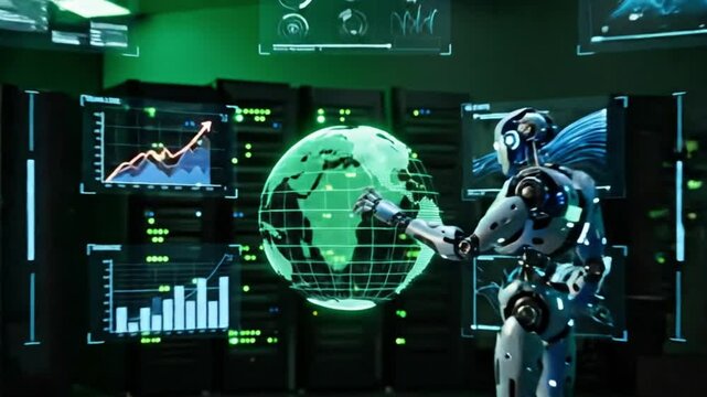 Mecha Robot Interacts with Neon Globe in Futuristic Climate Control Observatory