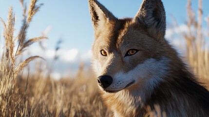 Coyote portrait with sunset grassland.