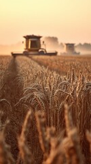 Two combine harvesters are in a field of wheat