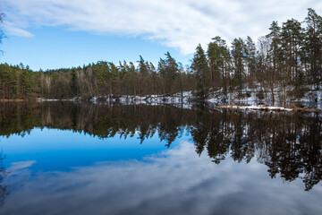 Barsjon lake with reflections of pine forest and a snowy bank under a blue sky in Vedema, Haessleholm, Sweden