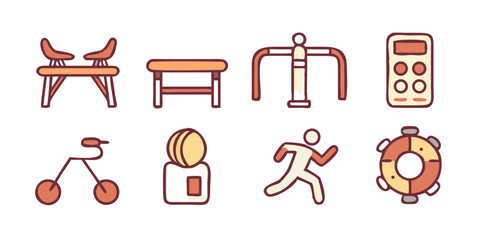 Obraz premium Gym Equipment and Fitness Icons Illustrations of Exercise Machines, Weights, and Fitness Gear