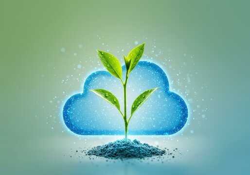 Green Plant Emerging from a Glowing Blue Cloud Symbolizing Growth and Innovation