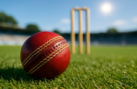 Close-Up of a Red Leather Cricket Ball on a Green Field with Stumps in the Background under Bright Sunlight at a Professional Stadium
