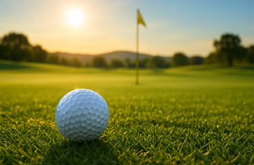 Obraz premium Close-Up of a White Golf Ball on Lush Green Fairway at Sunset with Distant Flagstick, Capturing the Tranquility and Precision of the Golfing Experience