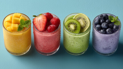 Colorful frozen drinks in tall glasses with tropical fruit, fresh fruit smoothie