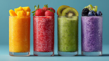 Colorful frozen drinks in tall glasses with tropical fruit, fresh fruit smoothie