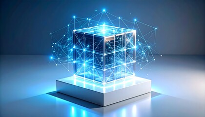 AI neural network cube built from metallic panels and glowing grids, surrounded by holographic projections.