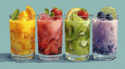 water color style colorful frozen drinks in tall glasses with tropical fruit, fresh fruit smoothie