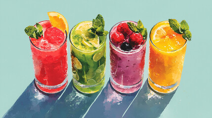 water color style colorful frozen drinks in tall glasses with tropical fruit, fresh fruit smoothie