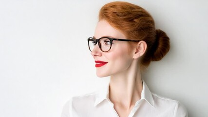 Portrait of redhead woman in glasses against white background for business or professional use - Powered by Adobe