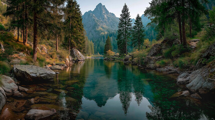 Obraz premium Mountain river with crystal clear waters between pine trees and the view of a high peak in the background. Generative IA