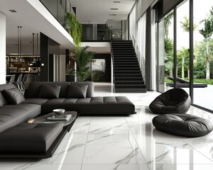 Modern, spacious living area with a double-height ceiling, showcasing a sleek black sectional sofa, marble flooring, and expansive glass windows overlooking a lush, tropical outdoor space
