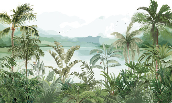 Exotic Nature Wall Mural: Bright Green Palm Trees, Exotic Plants & Flying Birds