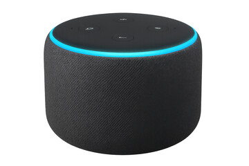 Modern smart speaker with illuminated blue light ring, isolated on transparent background, ready for integration into any design project