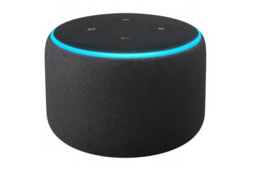 Modern smart speaker with illuminated blue light ring, isolated on transparent background, ready for integration into any design project