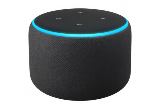 Modern smart speaker with illuminated blue light ring, isolated on transparent background, ready for integration into any design project