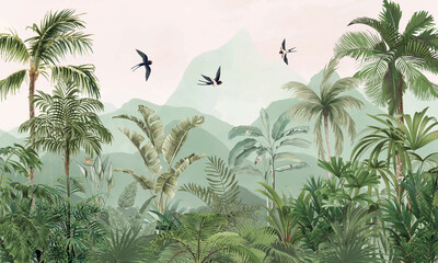 Subtle Nature Wall Mural: Faded Green Foliage, Palms, Pastel Horizon & Birds © csinie1