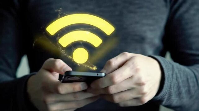 Person Holding Smartphone with Wi-Fi 7 Icon on Dark Futuristic Background
