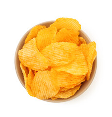 Tasty ridged chips in bowl isolated on white, top view