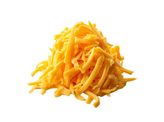 Fototapeta premium A heap of shredded sharp cheddar cheese isolated on black, Isolated On Transparent Background