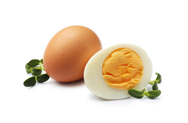 Hard boiled eggs with microgreens isolated on white