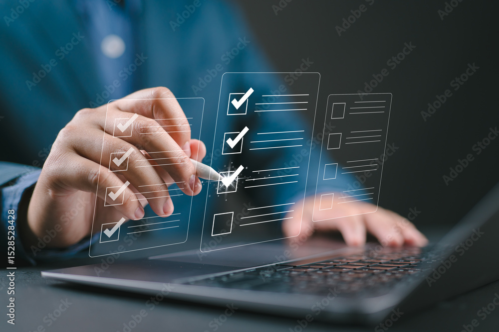 Poster checklists for efficient business management, businessman touching marking on checklist guide to pap