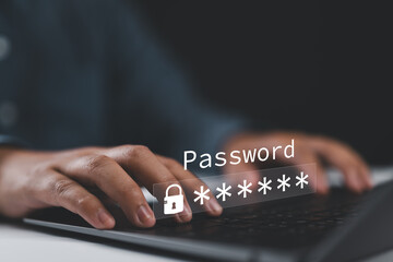 Businessman using laptop password cybersecurity identity theft and cloud network system application information privacy internet online protection.