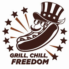 Fototapeta premium Grinning hotdog character celebrating freedom with stars