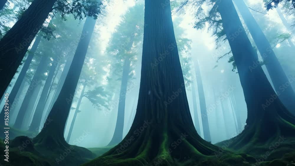 Poster mystical forest scene with towering trees and soft green glow