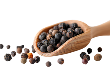Wooden spoon holding black peppercorns on black background