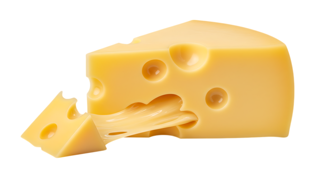 Close up of a piece of swiss cheese with melted string isolated on white background