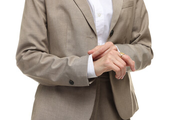 Woman in suit on white background, closeup